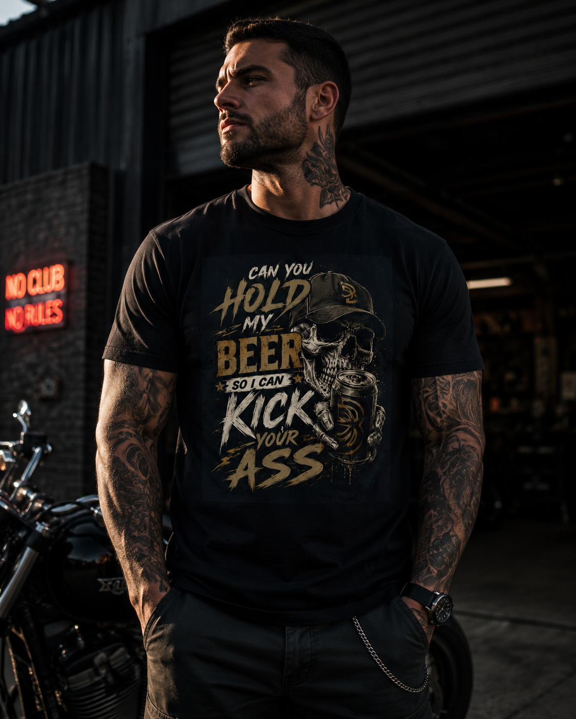 “Hold My Beer” Skull Graphic Tee – Gritty Biker-Style Streetwear Shirt